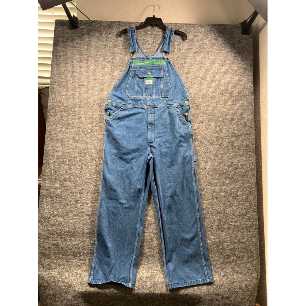 Liberty Overalls Mens Blue Denim Bib Overalls Green Zipper 38x28 Utility Work